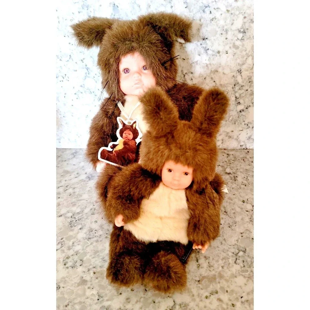 Anne Geddes 1997 Squirrel Baby Plush Doll Set Brown‎ Faux Fur Vintage 9in 12in